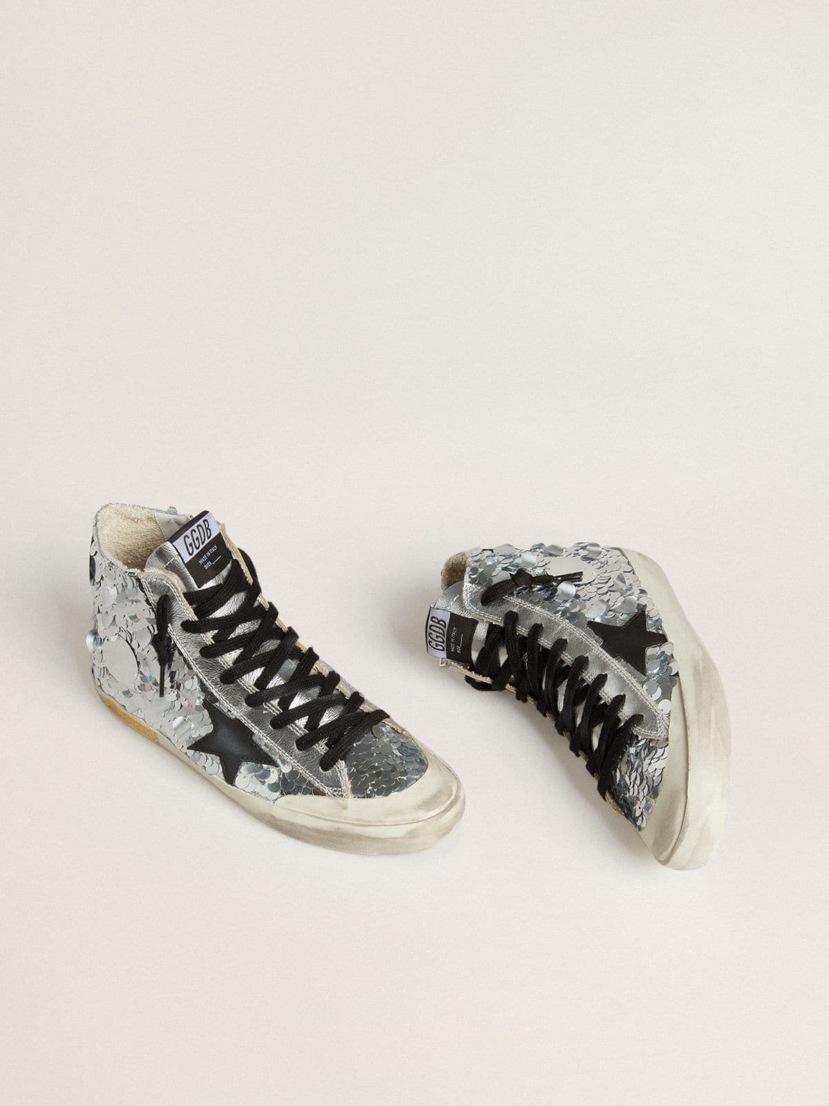 Women’s Francy in nylon with all-over silver sequins and black leather star - Golden Goose Women