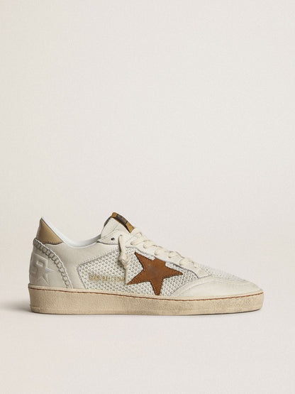 Women's Ball Star in white nappa and mesh with tobacco-colored nubuck star and beige heel tab - Golden Goose Women