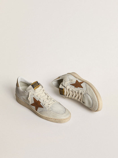 Women's Ball Star in white nappa and mesh with tobacco-colored nubuck star and beige heel tab - Golden Goose Women