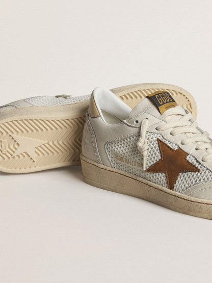 Women's Ball Star in white nappa and mesh with tobacco-colored nubuck star and beige heel tab - Golden Goose Women