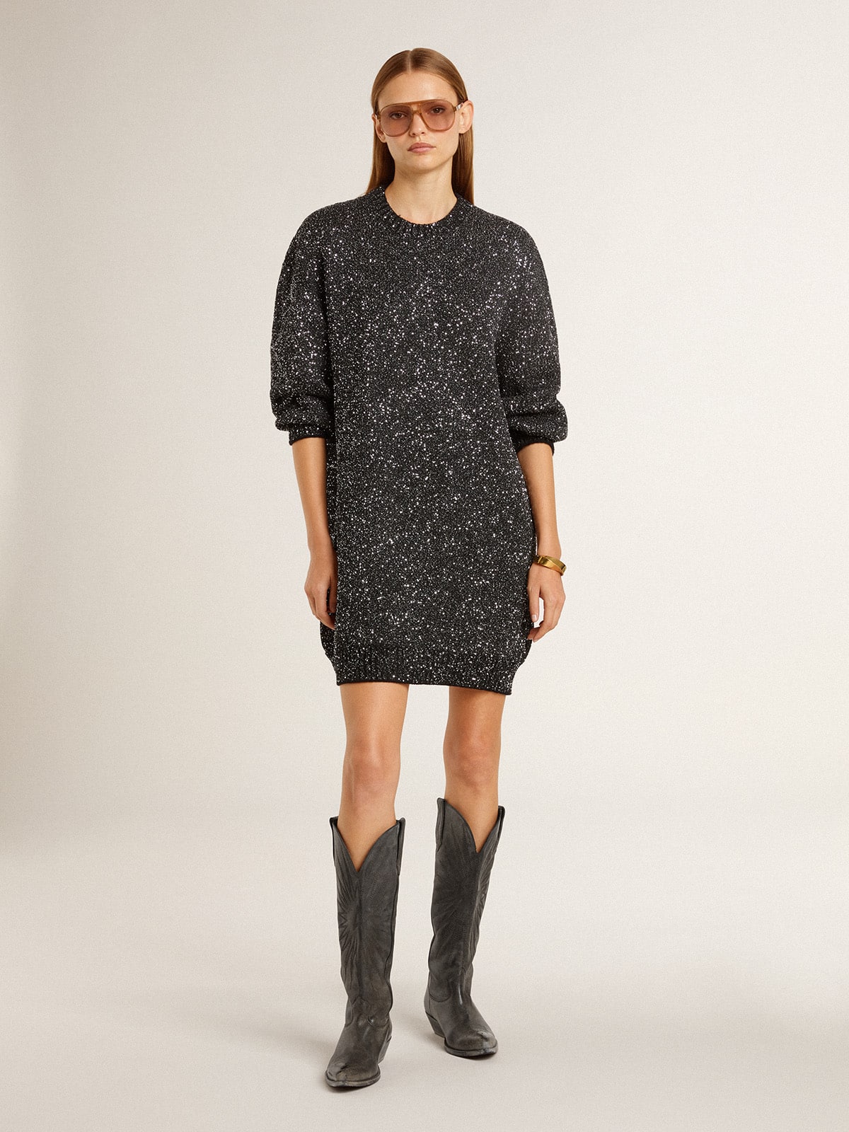Women's Wish Star boots in black leather with star embroidery - Golden Goose Women