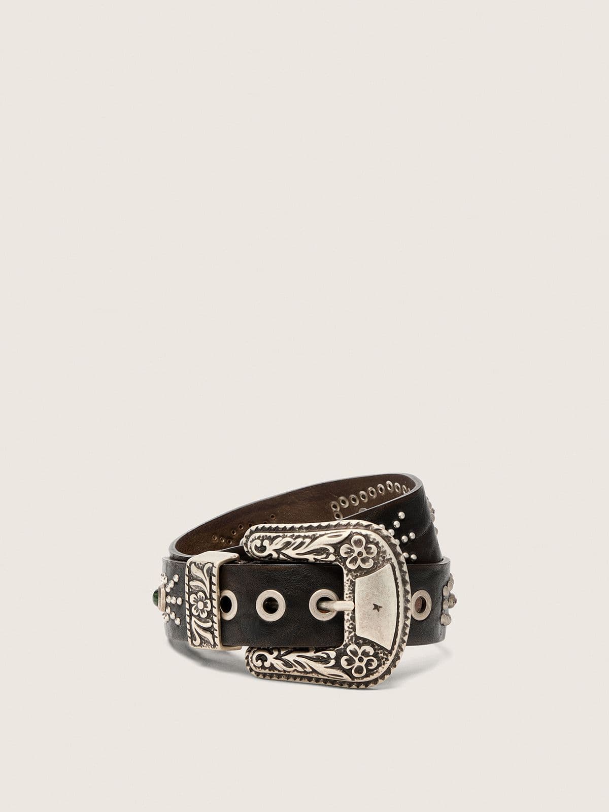 Lace belt in tan-colored washed leather with studs and inlays - Golden Goose Women