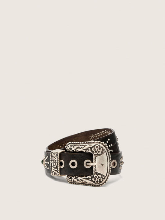 Lace belt in tan-colored washed leather with studs and inlays - Golden Goose Women