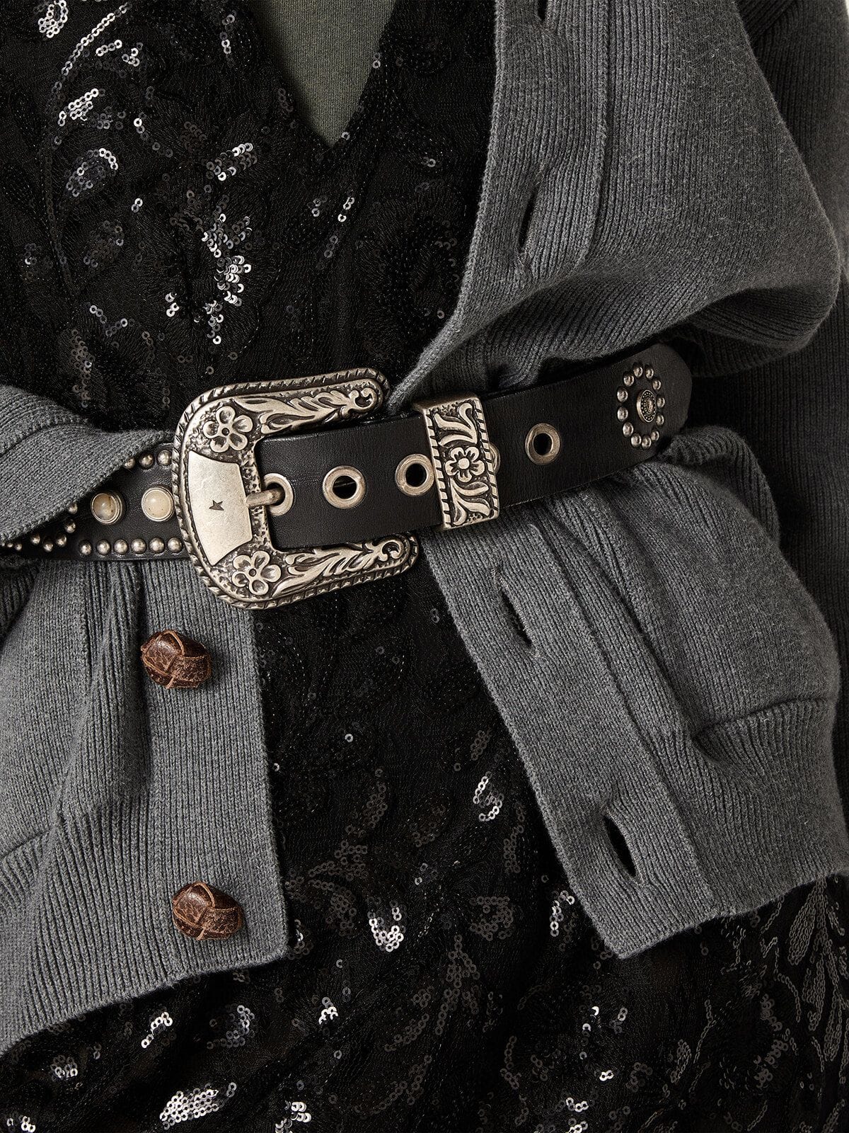 Lace belt in tan-colored washed leather with studs and inlays - Golden Goose Women