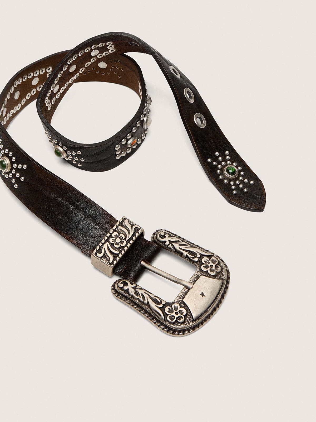 Lace belt in tan-colored washed leather with studs and inlays - Golden Goose Women