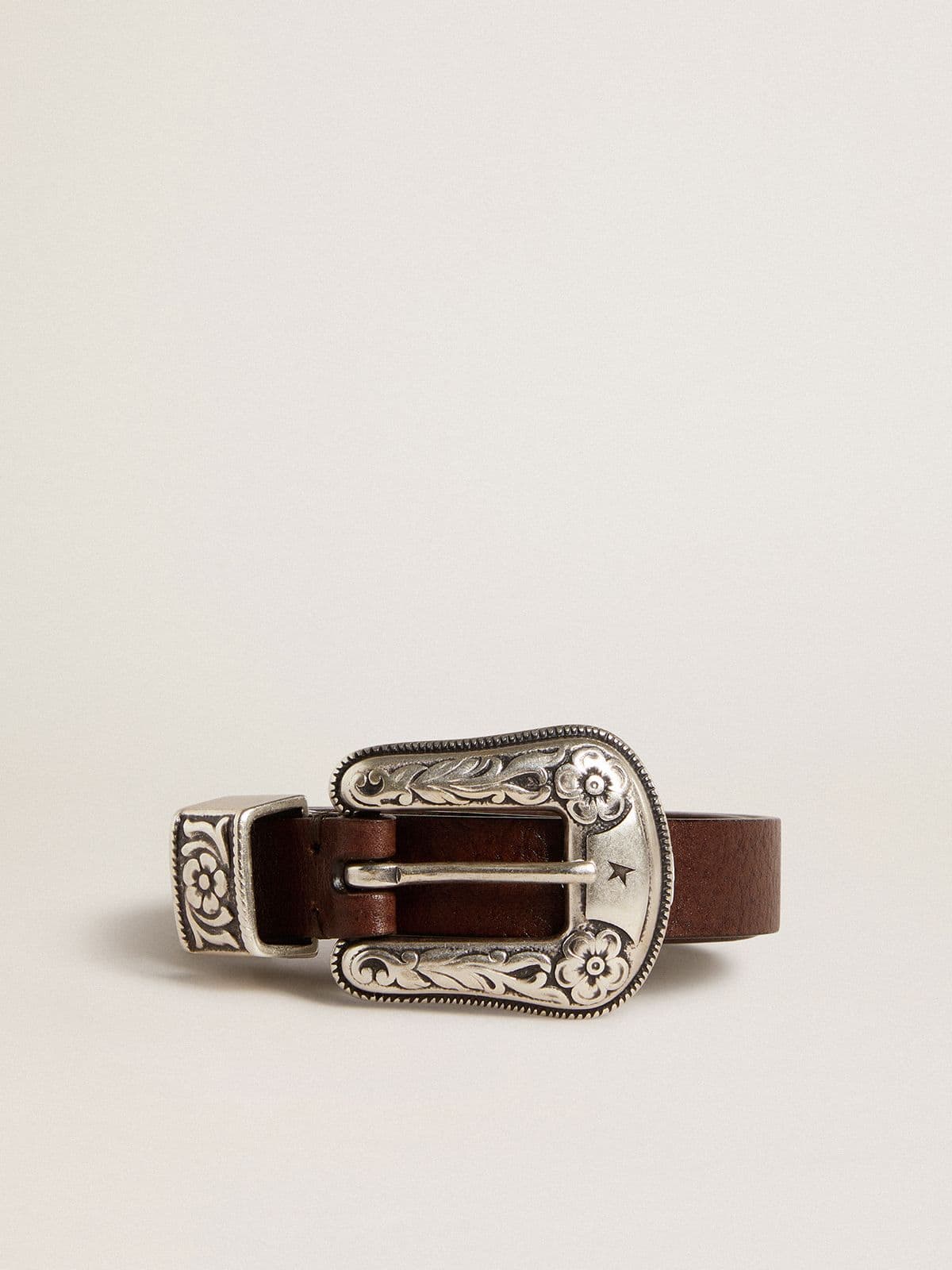 Women's dark brown leather belt with decorated silver buckle - Golden Goose Women