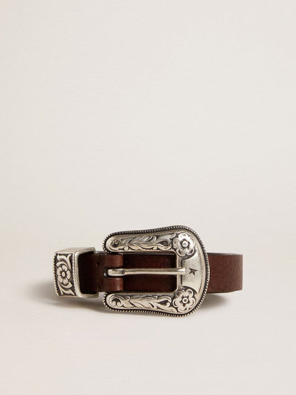 Women's dark brown leather belt with decorated silver buckle - Golden Goose Women