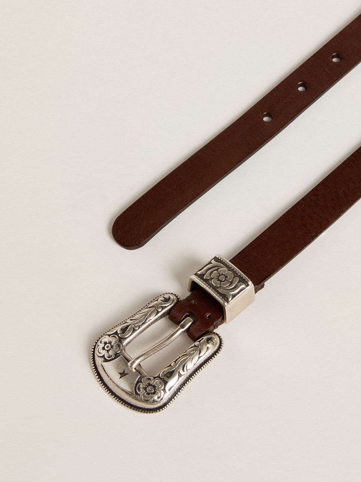 Women's dark brown leather belt with decorated silver buckle - Golden Goose Women