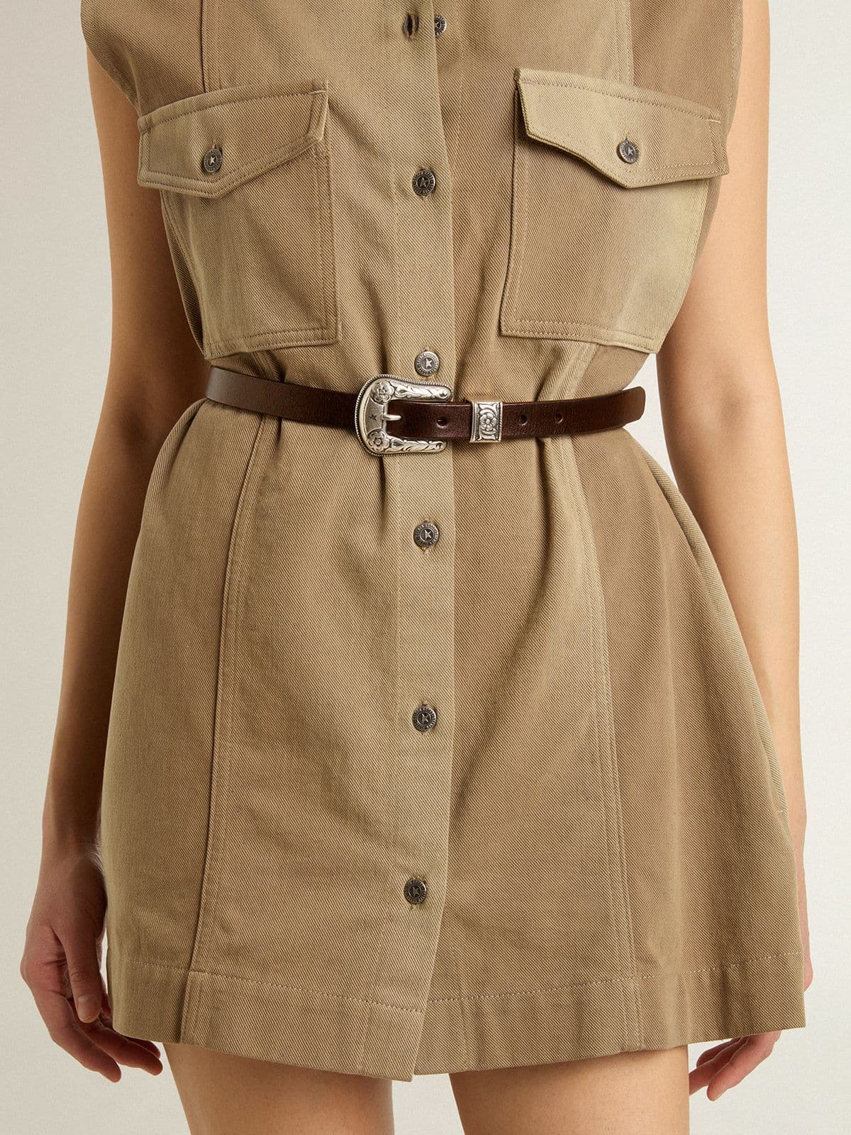 Women's dark brown leather belt with decorated silver buckle - Golden Goose Women