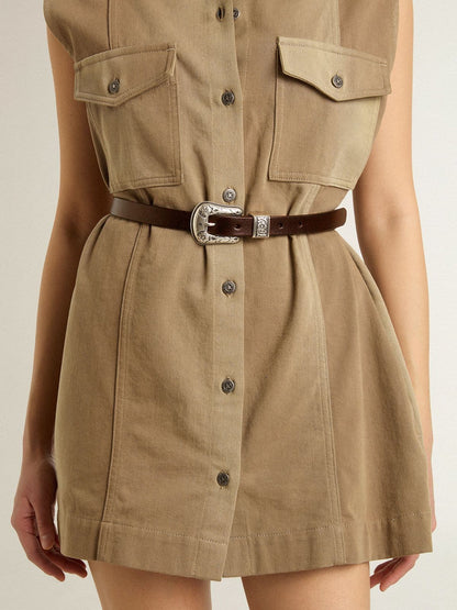 Women's dark brown leather belt with decorated silver buckle - Golden Goose Women