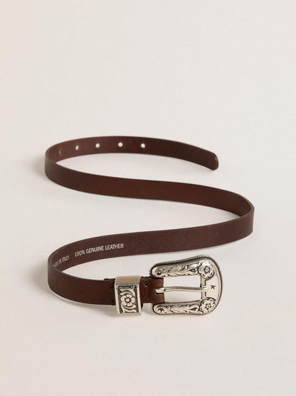 Women's dark brown leather belt with decorated silver buckle - Golden Goose Women