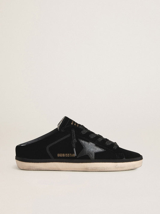 Women's Super-Star Sabots in black velvet with a black leather star with micro-glitter - Golden Goose Women