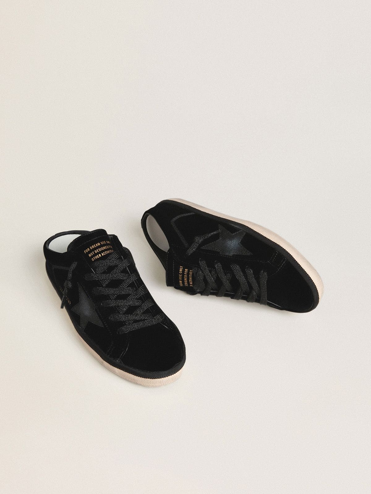 Women's Super-Star Sabots in black velvet with a black leather star with micro-glitter - Golden Goose Women