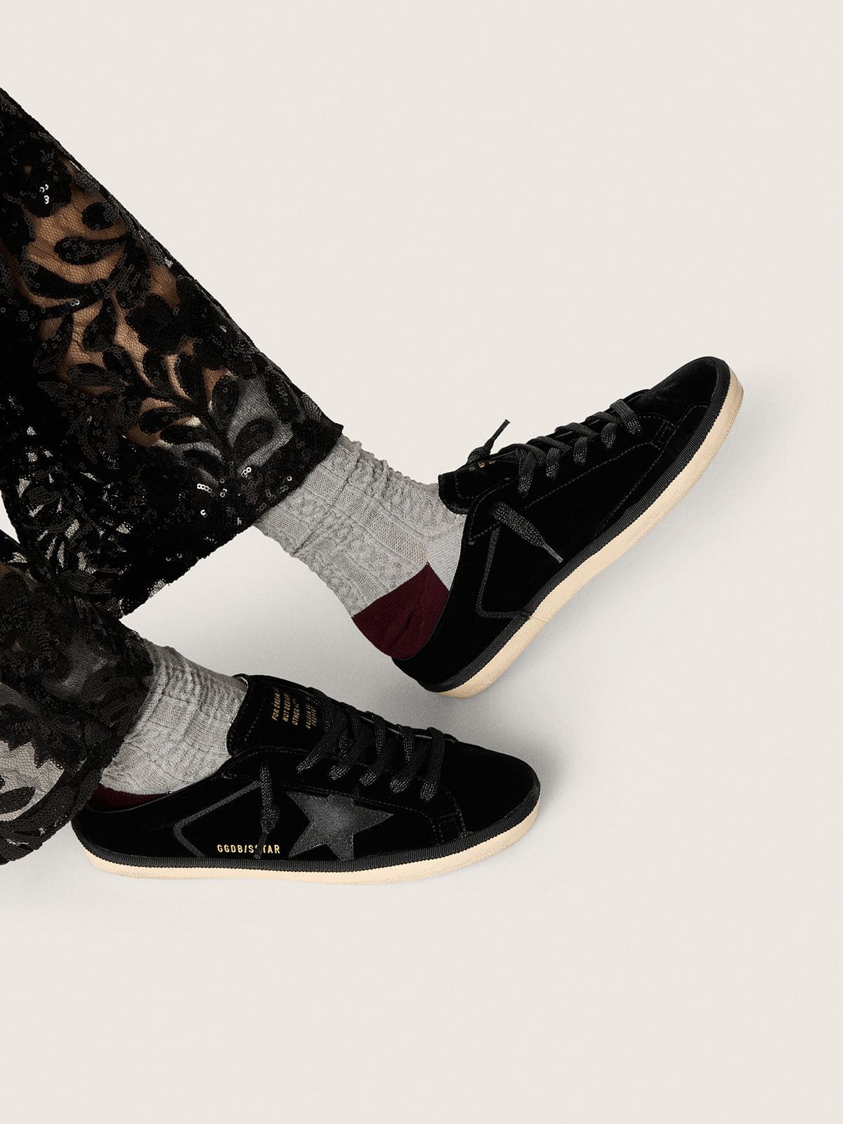 Women's Super-Star Sabots in black velvet with a black leather star with micro-glitter - Golden Goose Women