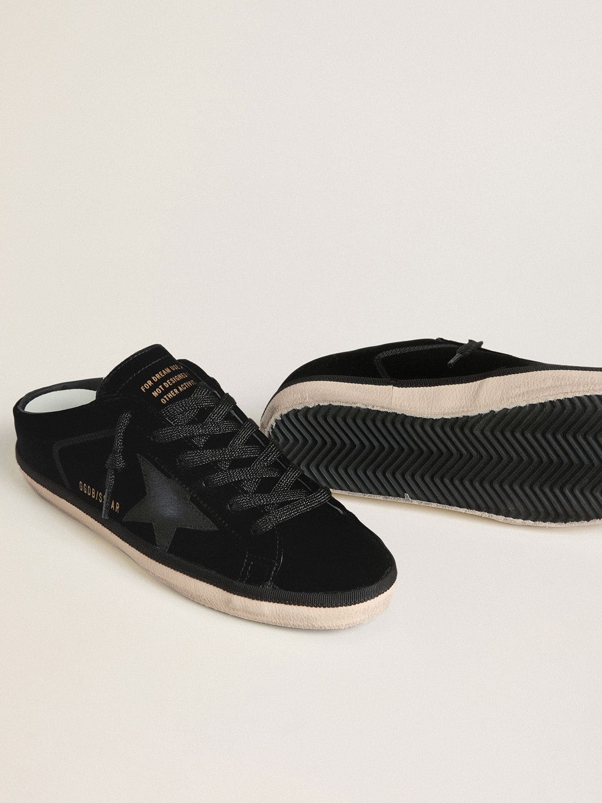 Women's Super-Star Sabots in black velvet with a black leather star with micro-glitter - Golden Goose Women