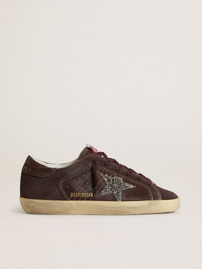 Women's Super-Star in brown suede with silver glitter star - Golden Goose Women