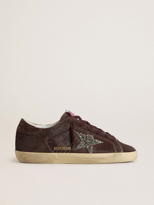 Women's Super-Star in brown suede with silver glitter star - Golden Goose Women