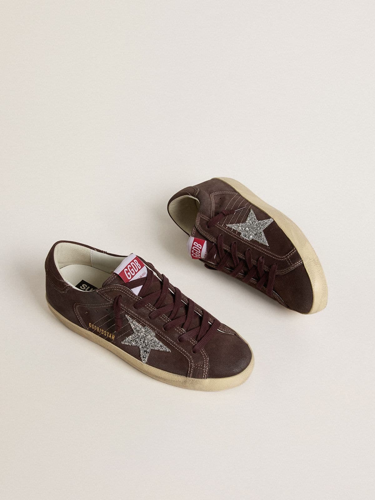 Women's Super-Star in brown suede with silver glitter star - Golden Goose Women