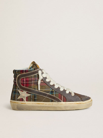 Women's Slide in red tartan with silver nappa leather star and black suede flash - Golden Goose Women