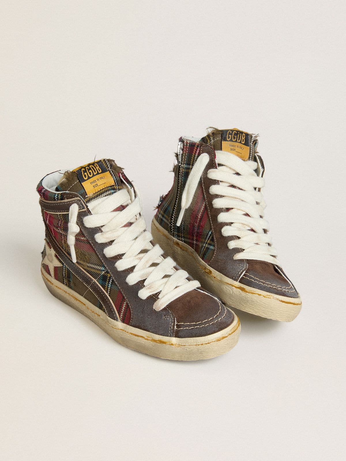 Women's Slide in red tartan with silver nappa leather star and black suede flash - Golden Goose Women