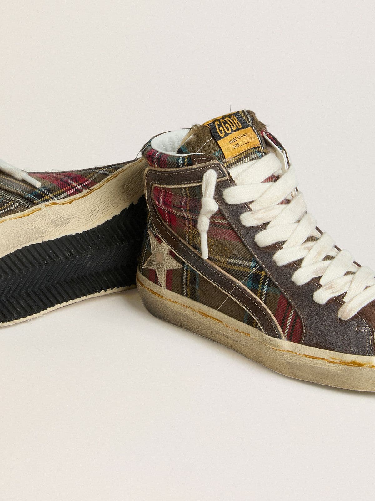 Women's Slide in red tartan with silver nappa leather star and black suede flash - Golden Goose Women