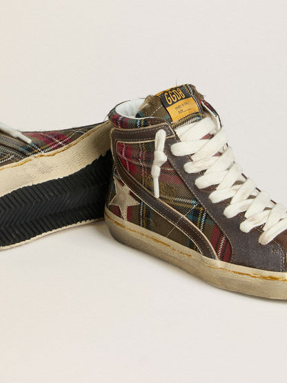 Women's Slide in red tartan with silver nappa leather star and black suede flash - Golden Goose Women