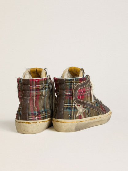 Women's Slide in red tartan with silver nappa leather star and black suede flash - Golden Goose Women