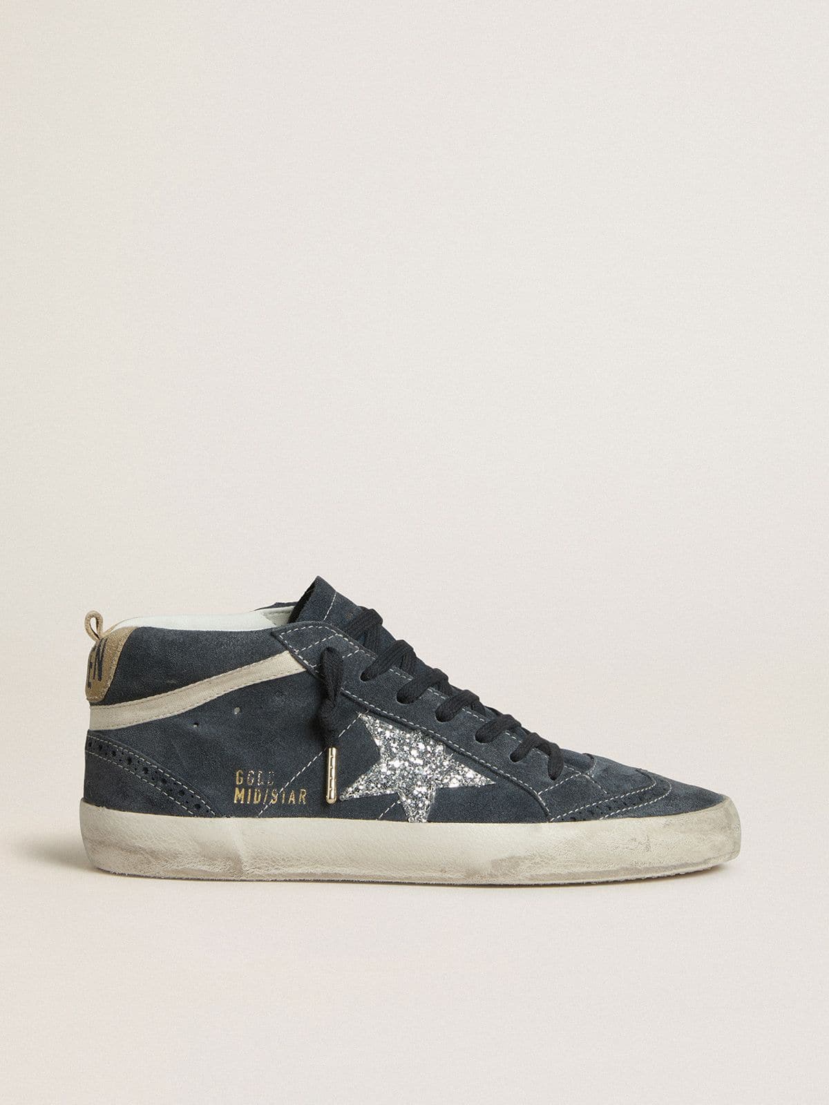 Women's Mid Star in petrol-blue suede with silver glitter star and cotton flash - Golden Goose Women
