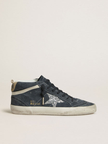 Women's Mid Star in petrol-blue suede with silver glitter star and cotton flash - Golden Goose Women