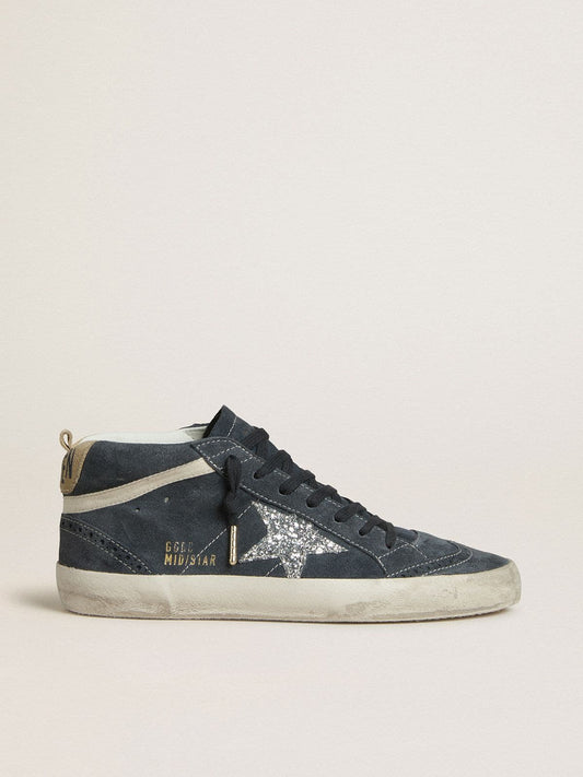 Women's Mid Star in petrol-blue suede with silver glitter star and cotton flash - Golden Goose Women