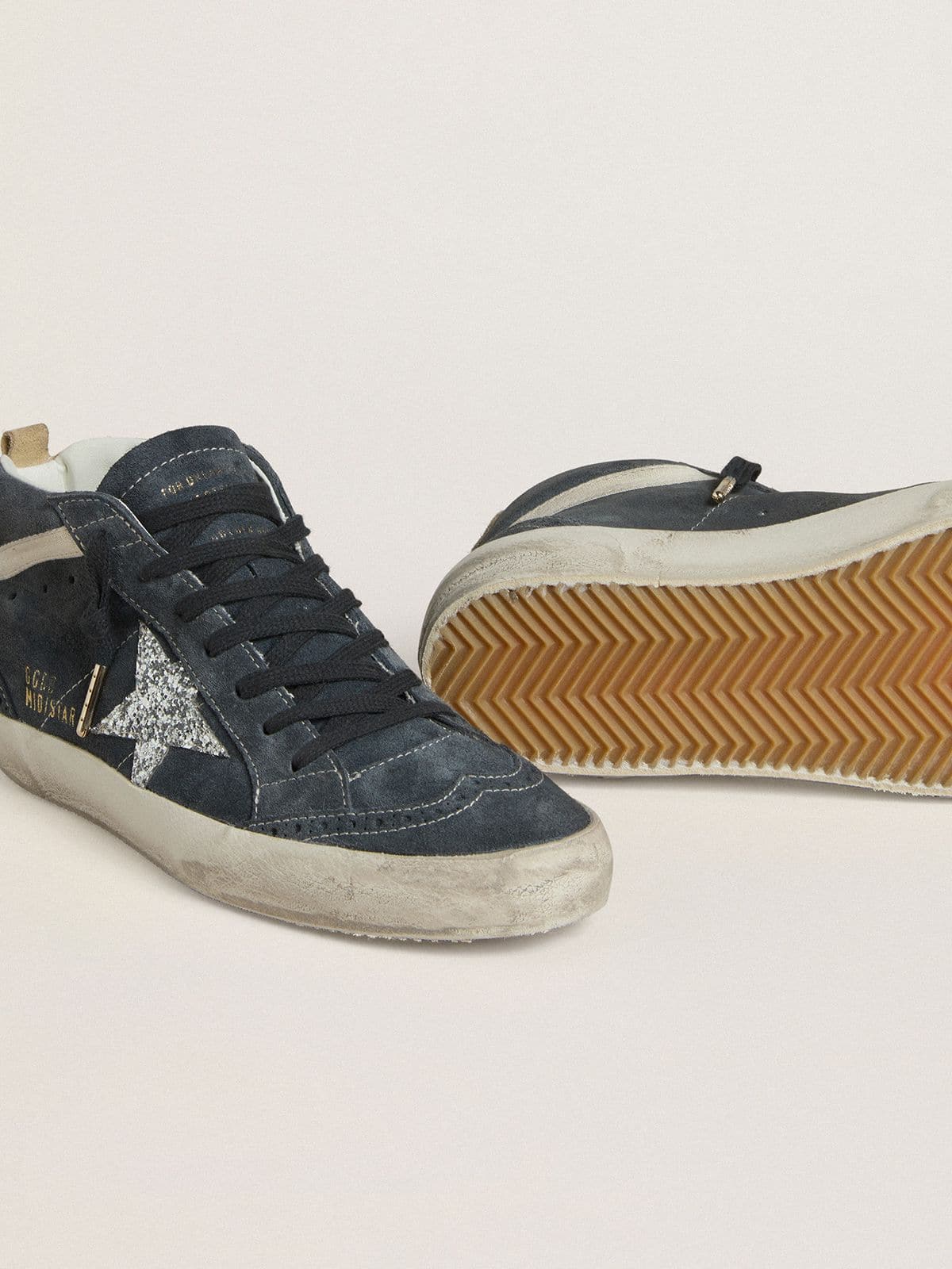 Women's Mid Star in petrol-blue suede with silver glitter star and cotton flash - Golden Goose Women