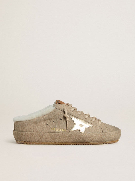 Women's Super-Star Sabots in wool with shearling lining and gold metallic star - Golden Goose Women
