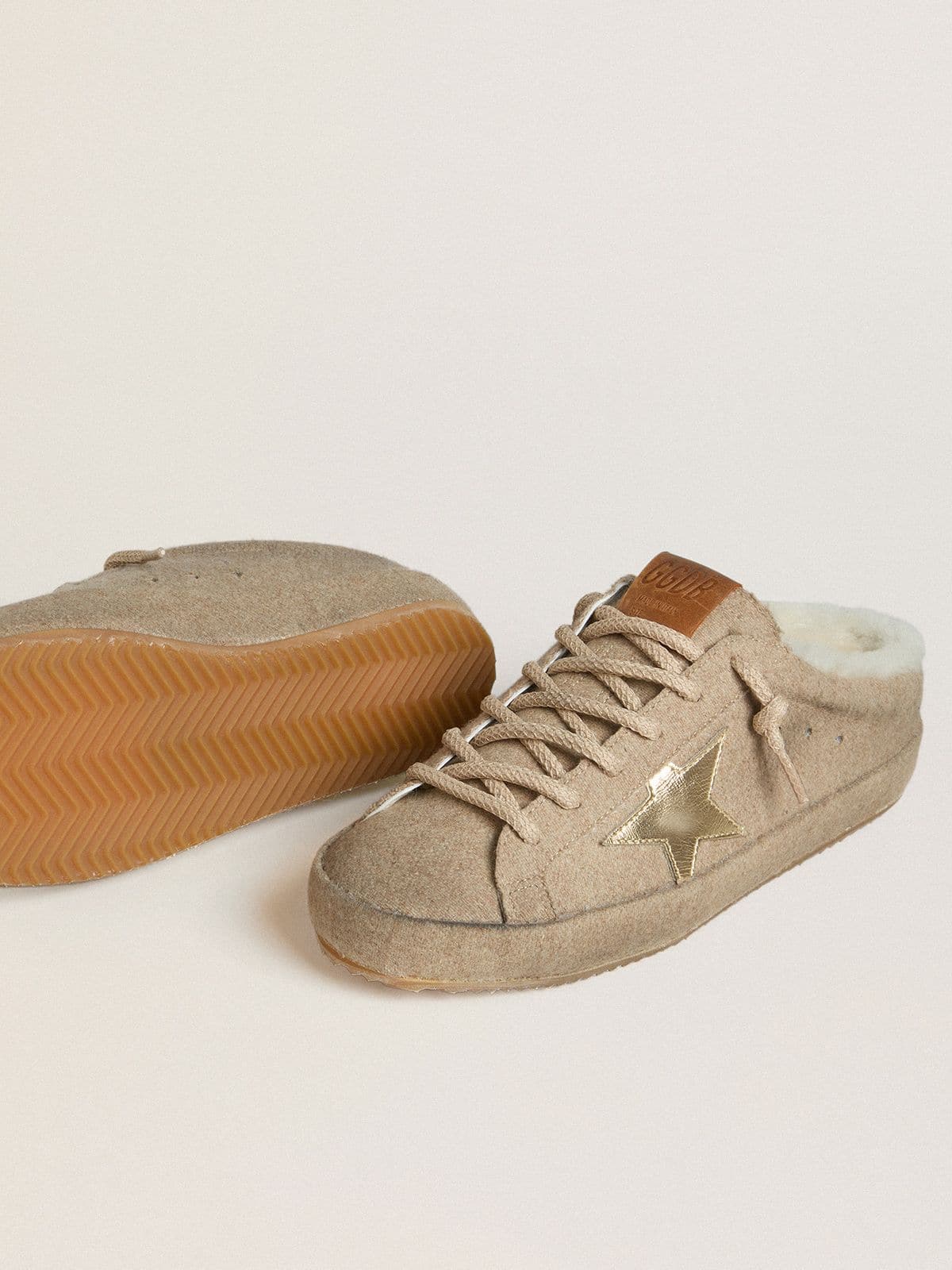 Women's Super-Star Sabots in wool with shearling lining and gold metallic star - Golden Goose Women