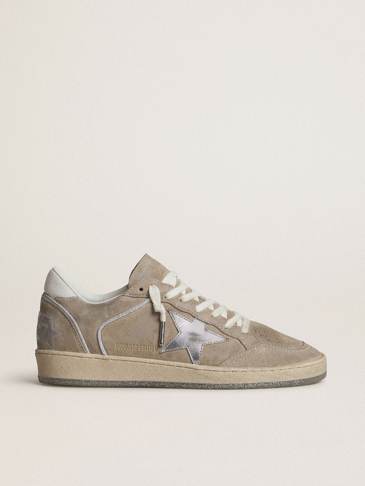 Women's Ball Star LTD in beige suede with silver metallic leather star and white leather heel tab - Golden Goose Women
