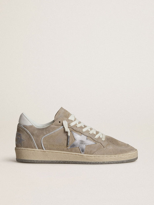 Women's Ball Star LTD in beige suede with silver metallic leather star and white leather heel tab - Golden Goose Women