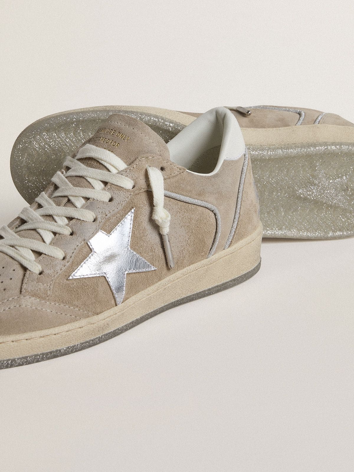 Women's Ball Star LTD in beige suede with silver metallic leather star and white leather heel tab - Golden Goose Women