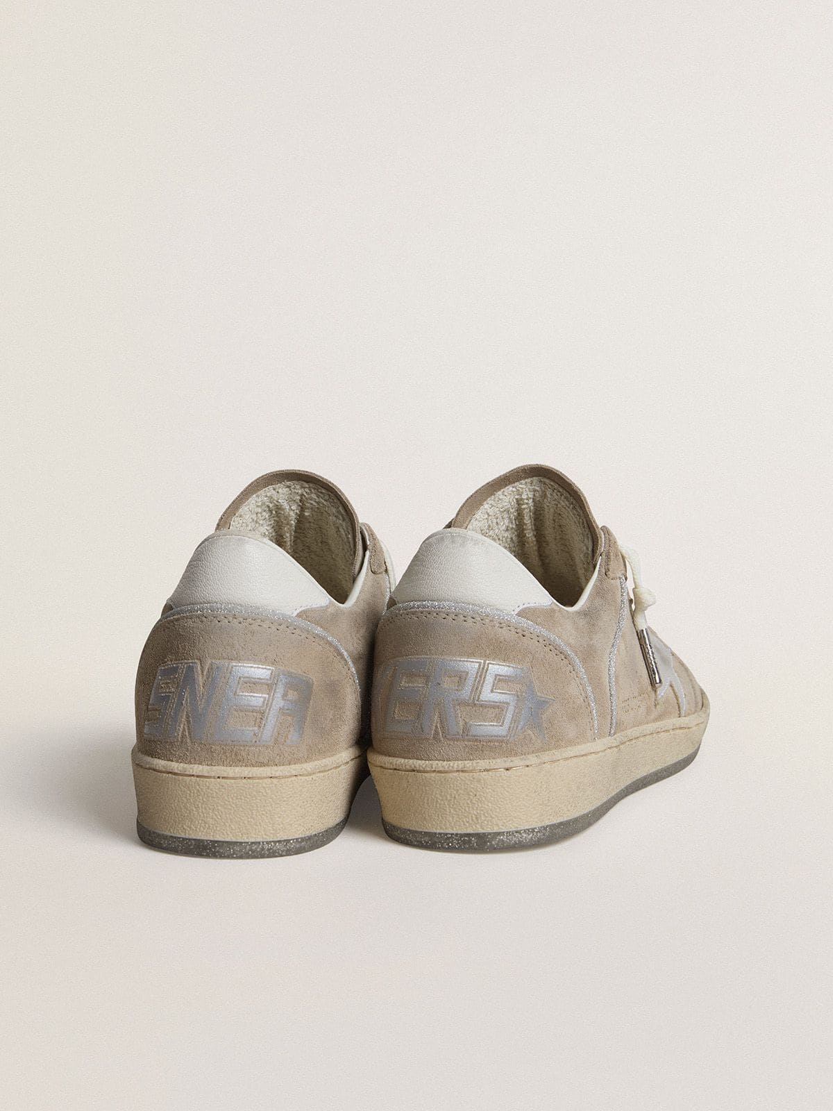 Women's Ball Star LTD in beige suede with silver metallic leather star and white leather heel tab - Golden Goose Women