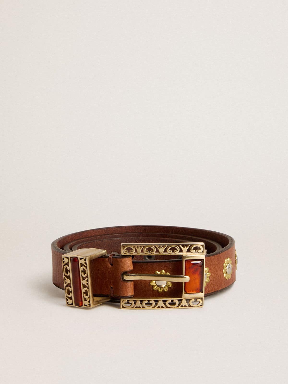 Brown leather belt with golden floral studs and amber inserts - Golden Goose Women
