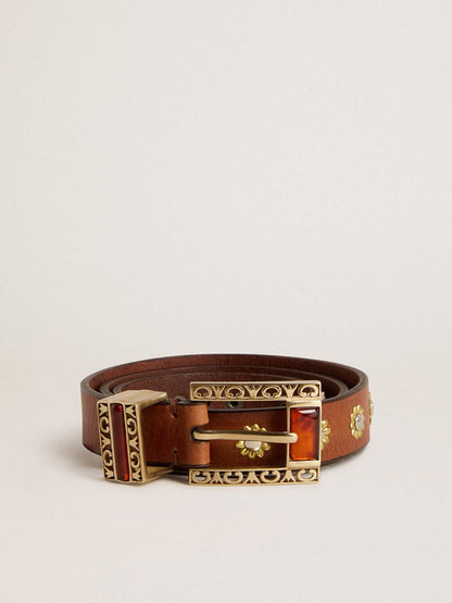 Brown leather belt with golden floral studs and amber inserts - Golden Goose Women