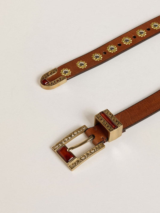Brown leather belt with golden floral studs and amber inserts - Golden Goose Women