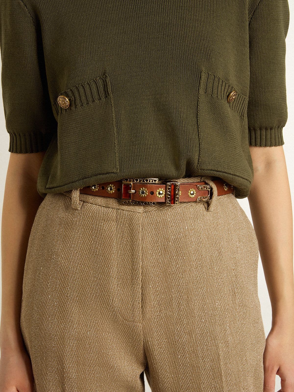 Brown leather belt with golden floral studs and amber inserts - Golden Goose Women