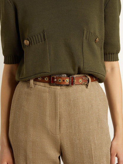 Brown leather belt with golden floral studs and amber inserts - Golden Goose Women