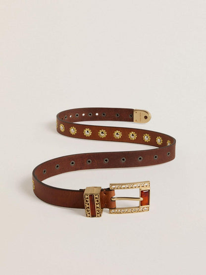 Brown leather belt with golden floral studs and amber inserts - Golden Goose Women