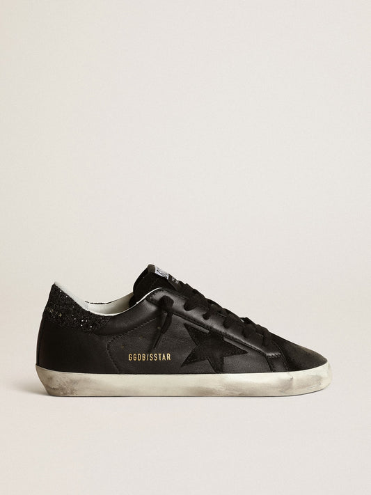 Women's Super-Star in black nappa with black star and glitter heel tab - Golden Goose Women