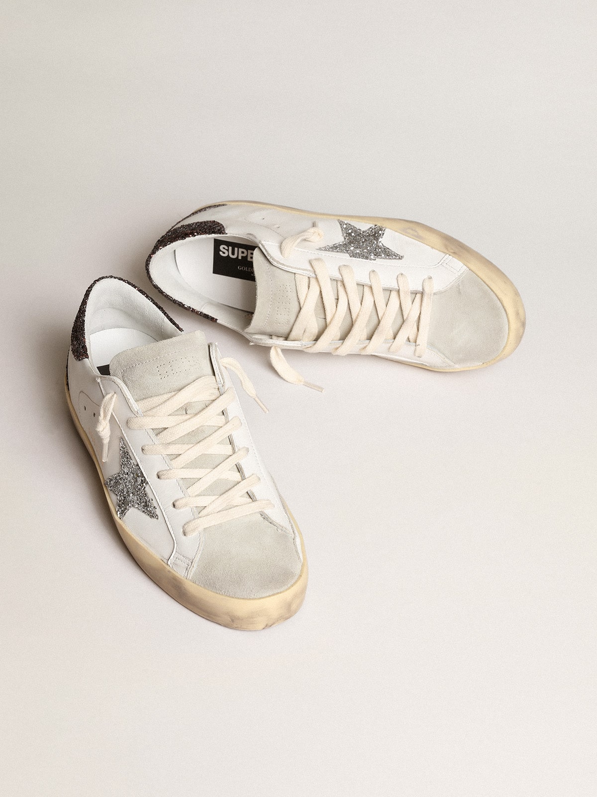 Women's Super-Star with silver star and brown glitter heel tab - Golden Goose Women