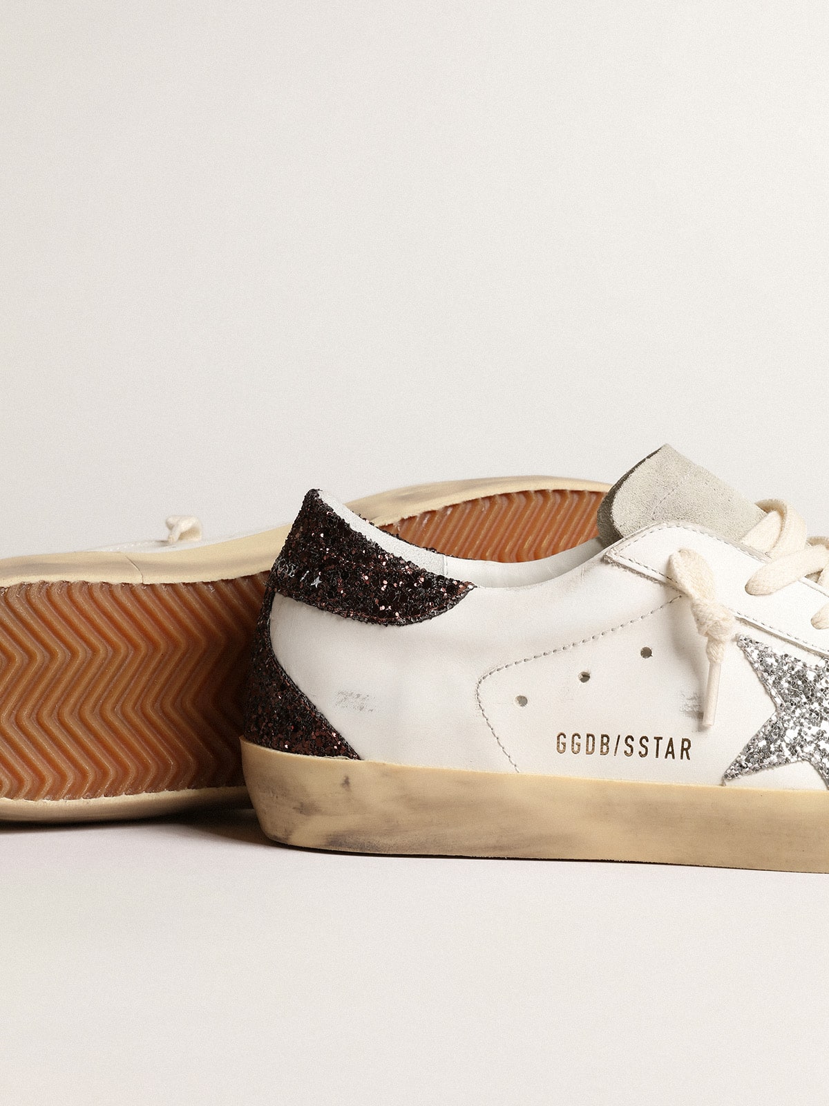 Women's Super-Star with silver star and brown glitter heel tab - Golden Goose Women