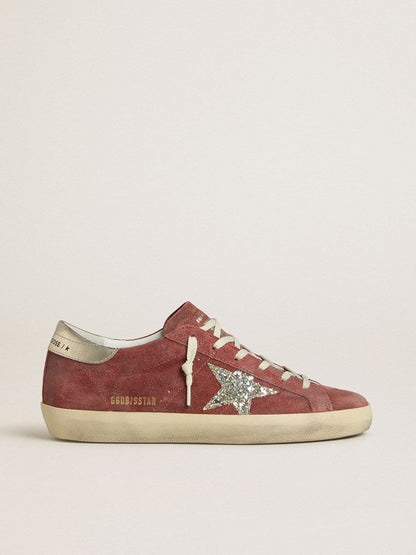 Women's Super-Star LTD in red suede with silver glitter star and laminated leather heel tab - Golden Goose Women