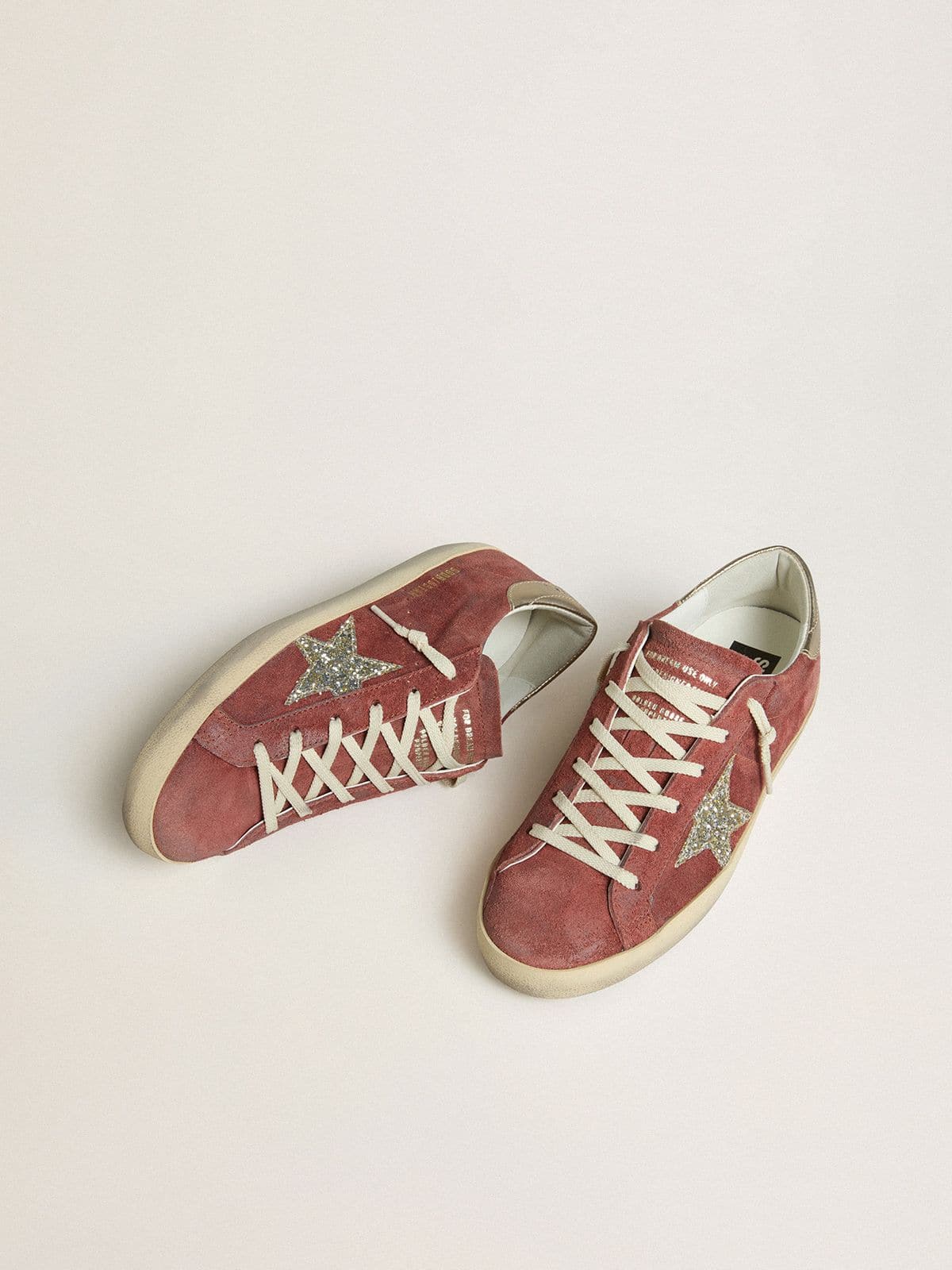 Women's Super-Star LTD in red suede with silver glitter star and laminated leather heel tab - Golden Goose Women