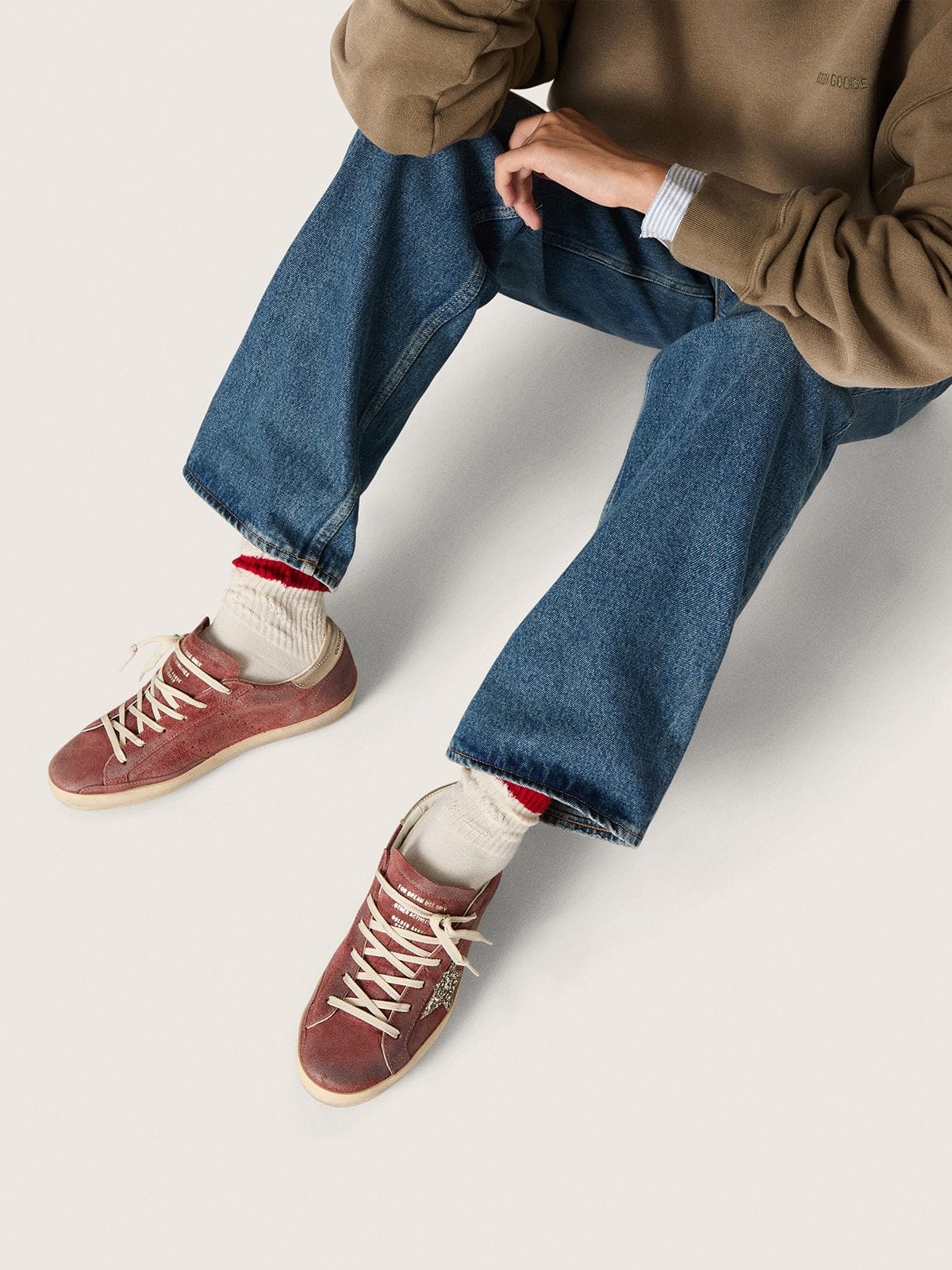 Women's Super-Star LTD in red suede with silver glitter star and laminated leather heel tab - Golden Goose Women