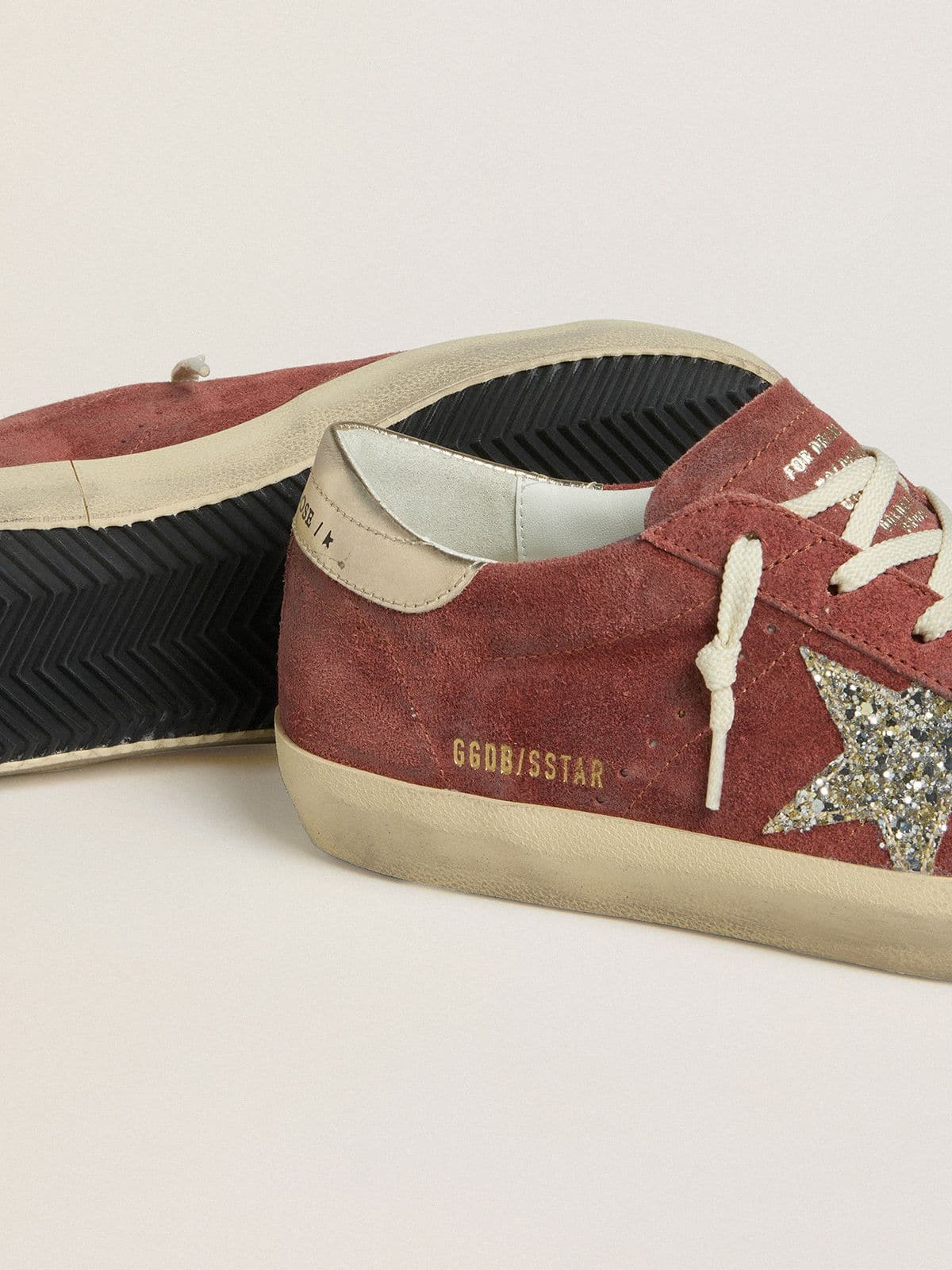 Women's Super-Star LTD in red suede with silver glitter star and laminated leather heel tab - Golden Goose Women